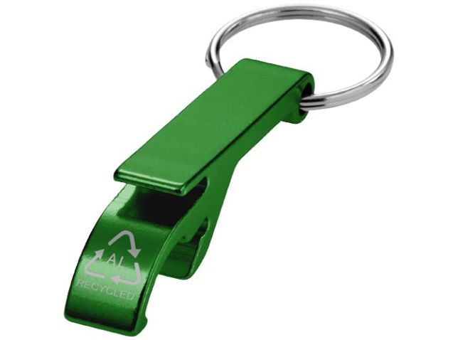 Tao fles- en blikopener van RCS gerecycled aluminium met sleutelhanger