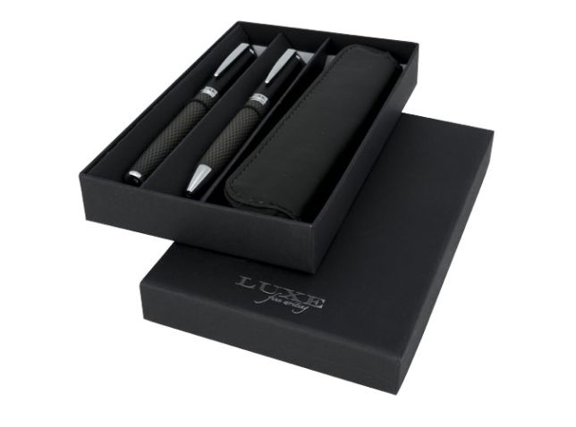 Koolstofvezel cadeauset met twee pennen en etui (zwarte inkt)