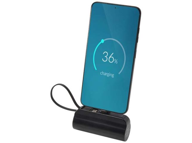 Alnair Type-C powerbank van 5000 mAh 10 W van gerecycled plastic met ingebouwde klapstandaard en 2 in 1 kabel